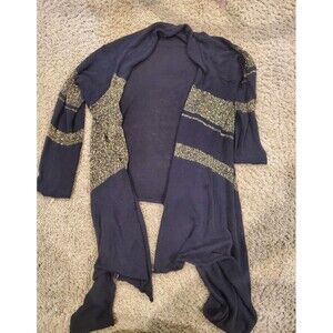 Goddis Black Open Knit Drape Cardigan Sweater Gold Metallic Striped Luxury Boho